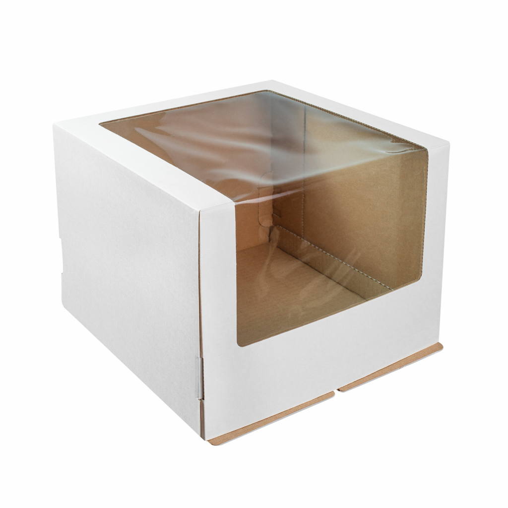Коробка бумажная из гофрокартона для торта 260*260*210 мм белая с окном