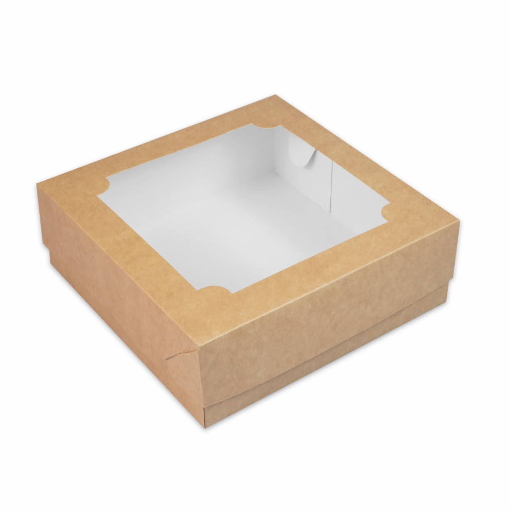 Коробка бумажная для кондитерских изделий 200*200*70 мм крафт с окном