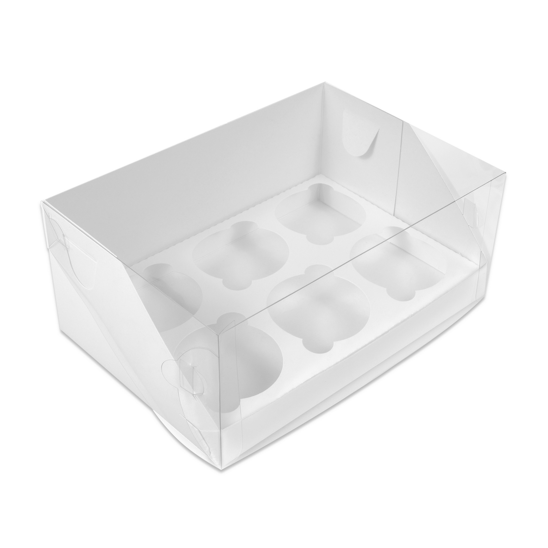 Коробка бумажная для капкейков 235*160*100 мм 6 секции белая с пластиковой крышкой