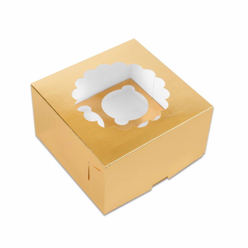 Коробка бумажная для капкейков 4 секции 160*160*100 мм золото с окном