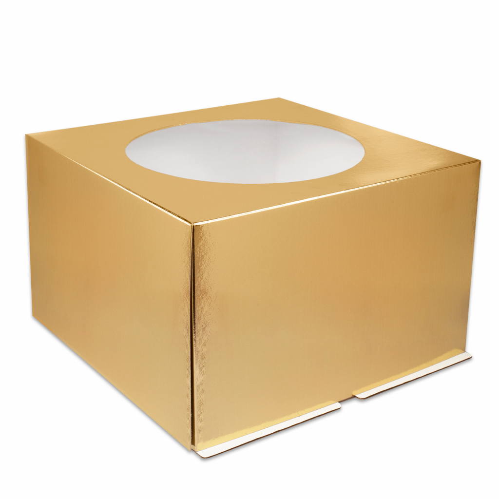 Коробка бумажная для торта 300*300*190 мм золото с окном