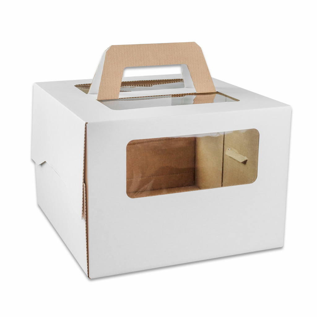 Коробка бумажная из гофрокартона для торта с ручкой 280*280*200 мм белая с окном